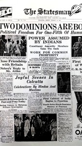 15th August 1947 - first page of The Statesman published from Calcutta - photo by author. 
